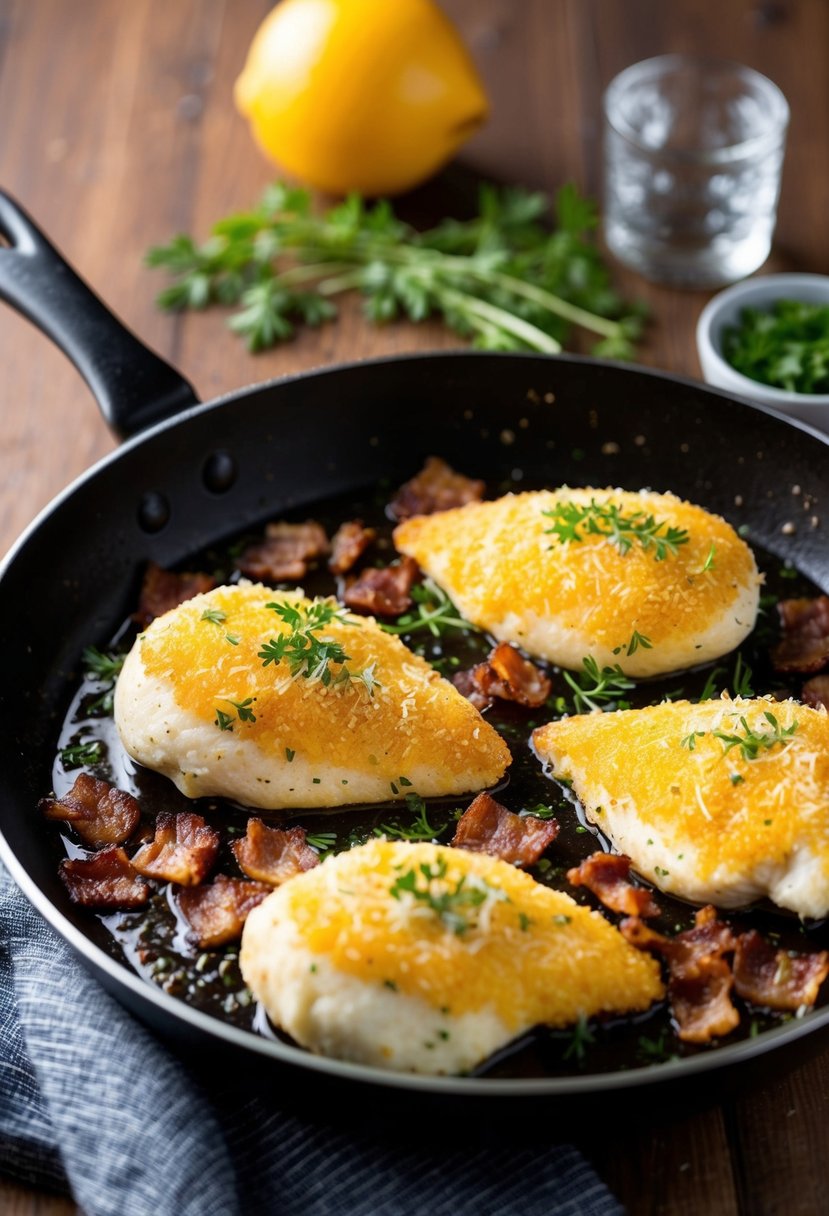 A sizzling skillet with golden-brown parmesan-coated chicken breasts, topped with crispy bacon and fresh herbs