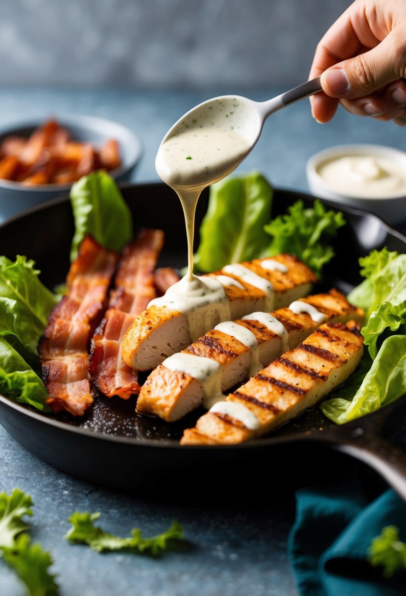 A sizzling skillet with strips of crispy bacon and grilled chicken, surrounded by vibrant green lettuce leaves and a drizzle of creamy Caesar dressing