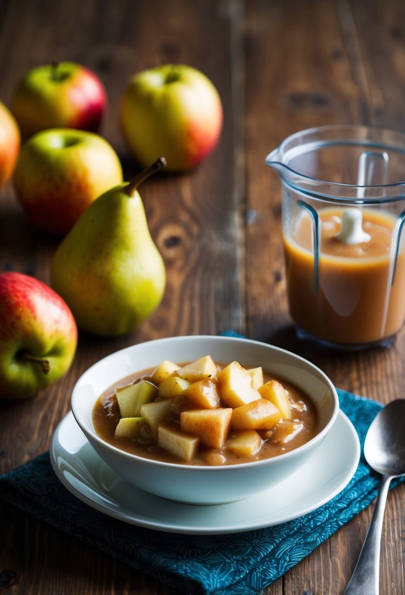 A bowl of freshly made apple and pear sauce sits on a wooden table, surrounded by ripe fruits and a blender