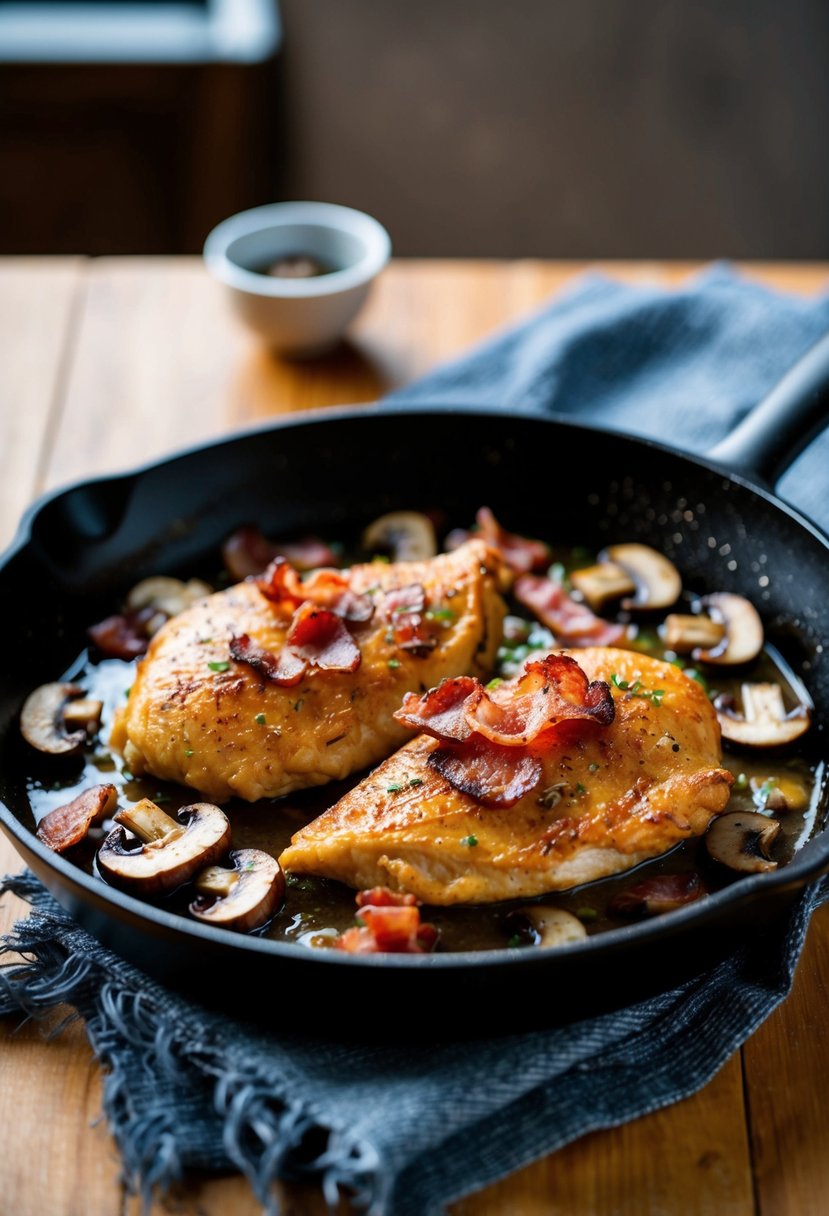 A sizzling skillet with juicy chicken, crispy bacon, and sautéed mushrooms