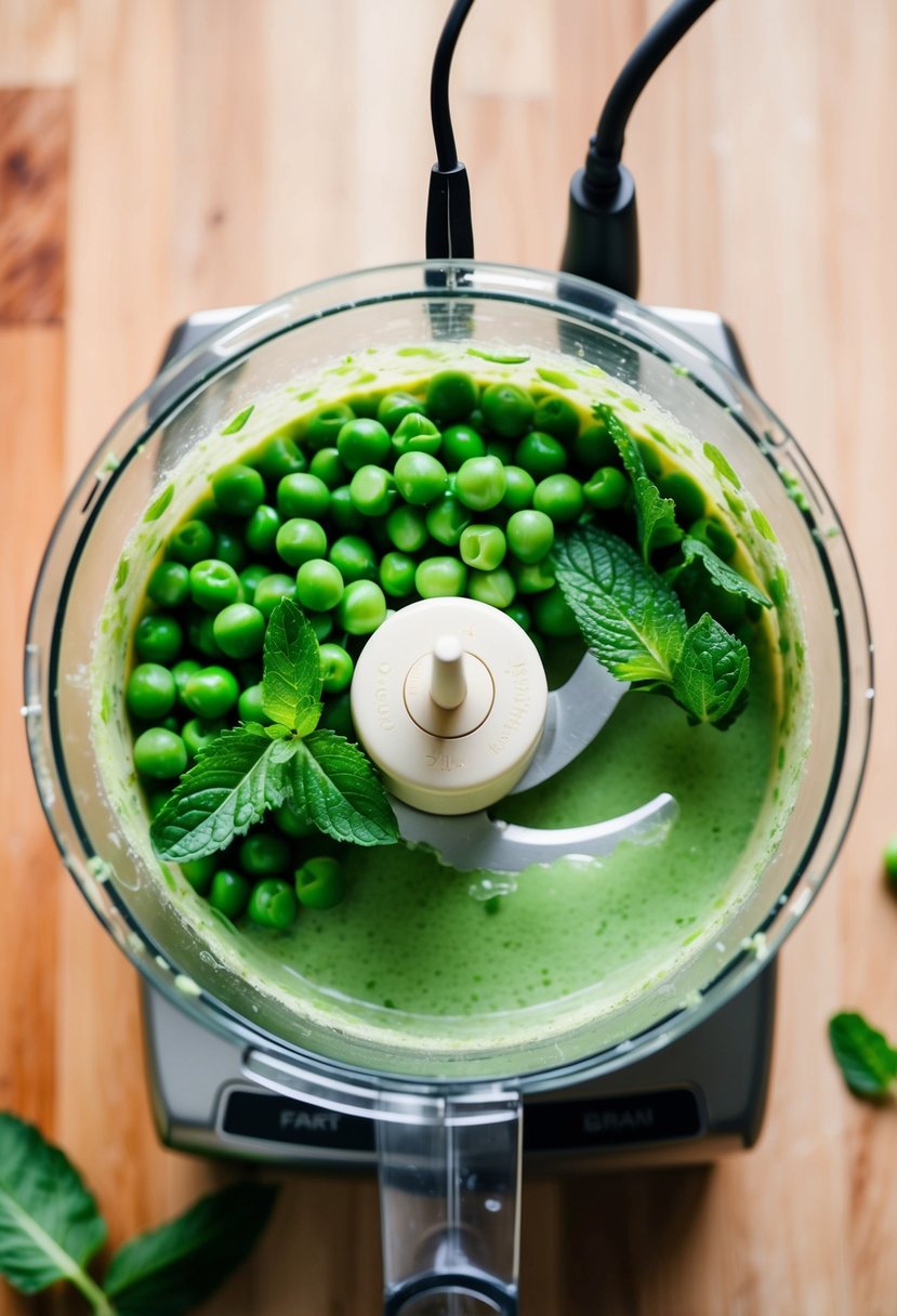 Fresh green peas and vibrant mint leaves are being blended together in a food processor to create a smooth and creamy purée