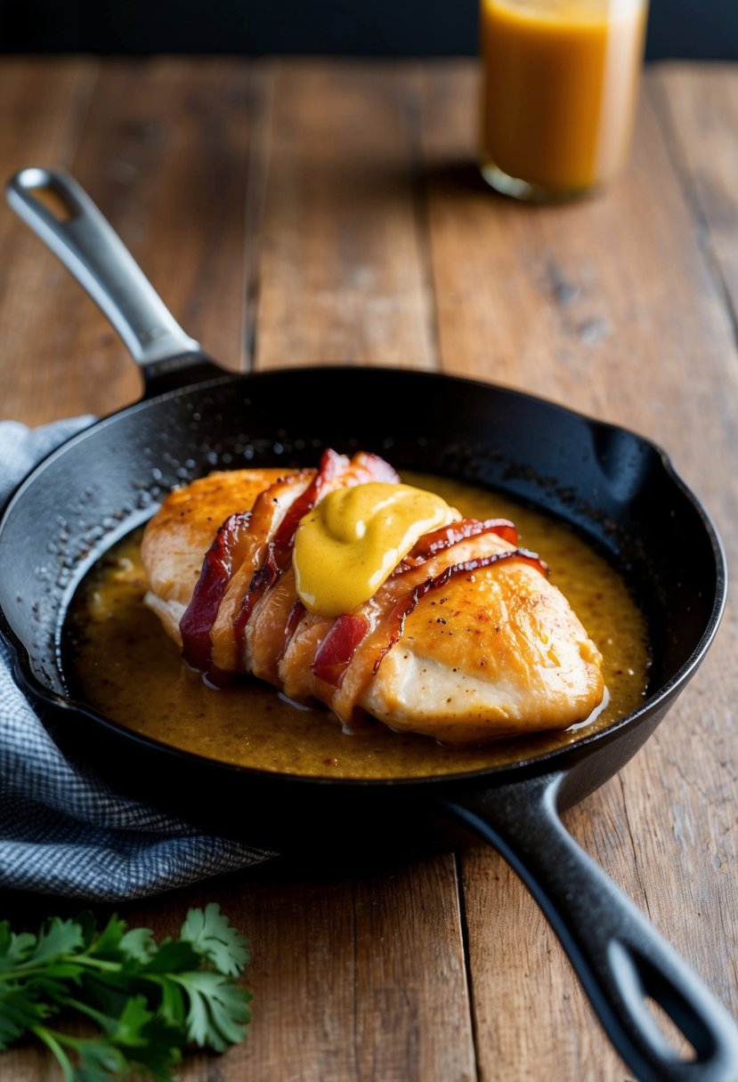 A sizzling skillet holds a golden-brown chicken breast glazed with honey mustard and wrapped in crispy bacon