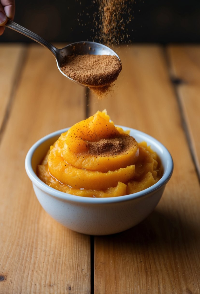 A butternut squash being pureed with a sprinkle of cinnamon in a small bowl