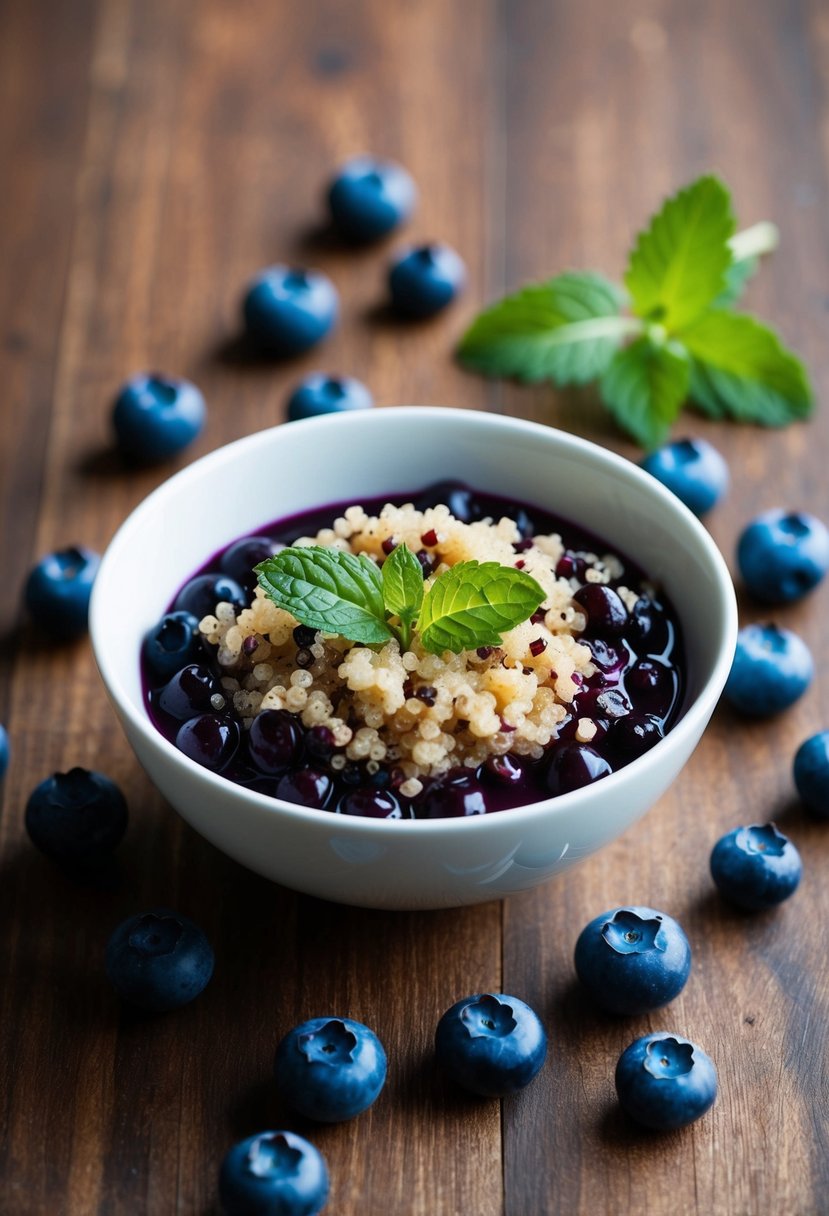 A bowl of quinoa and blueberry blend baby food surrounded by fresh blueberries and a sprig of mint on a wooden table