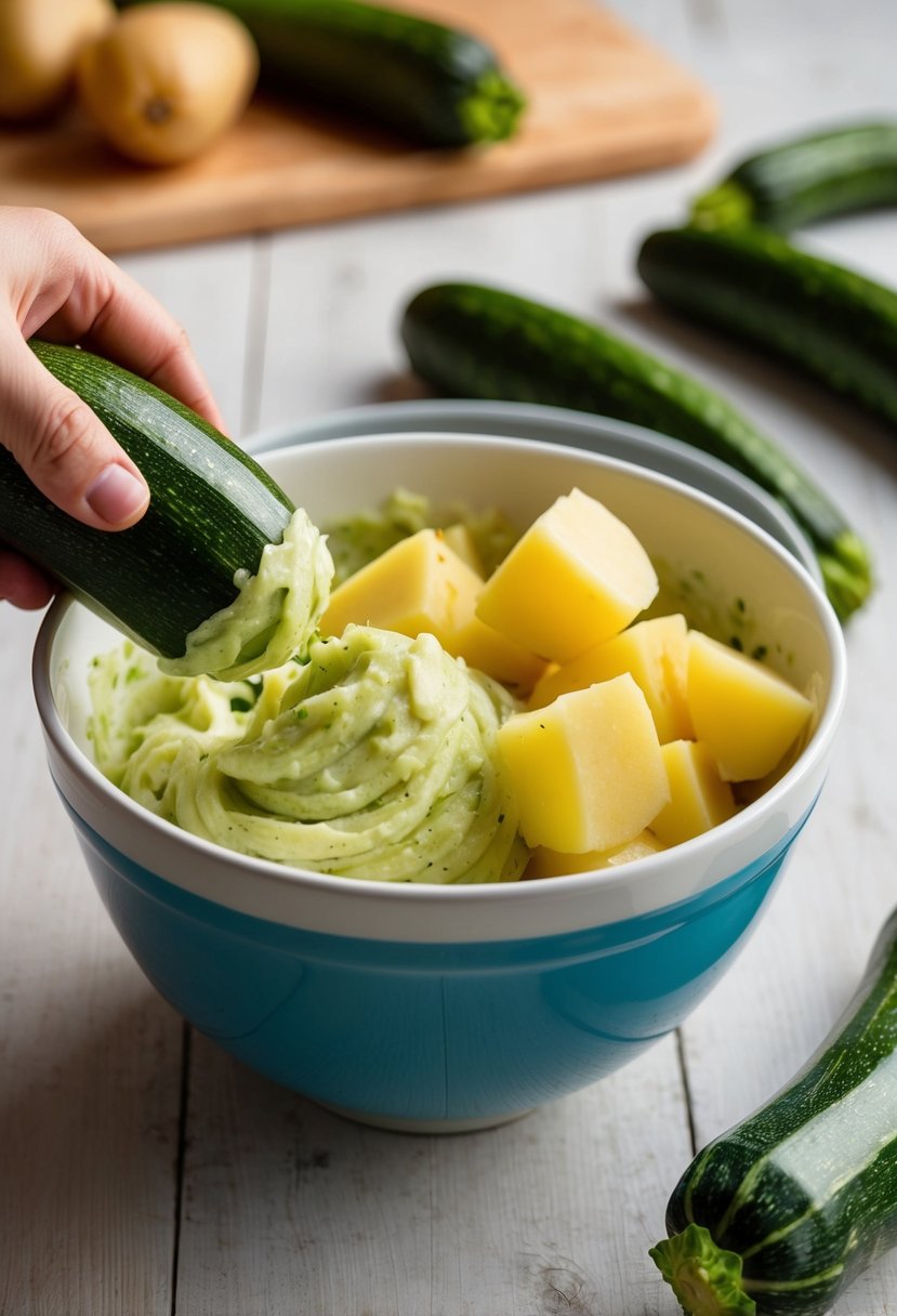 Fresh zucchinis and potatoes being mashed together in a bowl, ready to be blended into smooth baby food