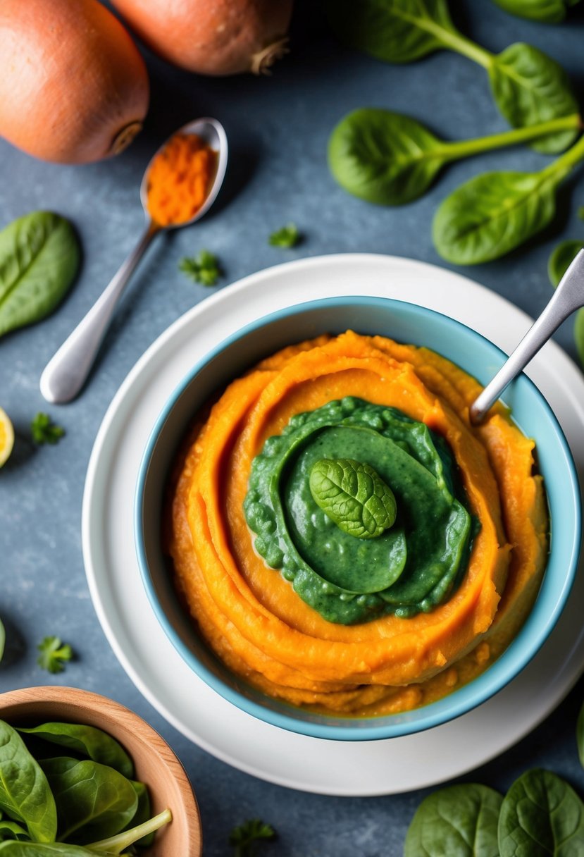 A bowl of creamy spinach and sweet potato purée surrounded by fresh ingredients and a baby spoon