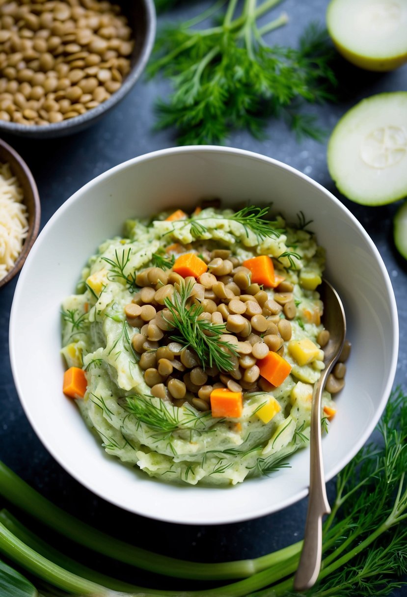 A bowl of lentil and vegetable dill mash surrounded by fresh ingredients