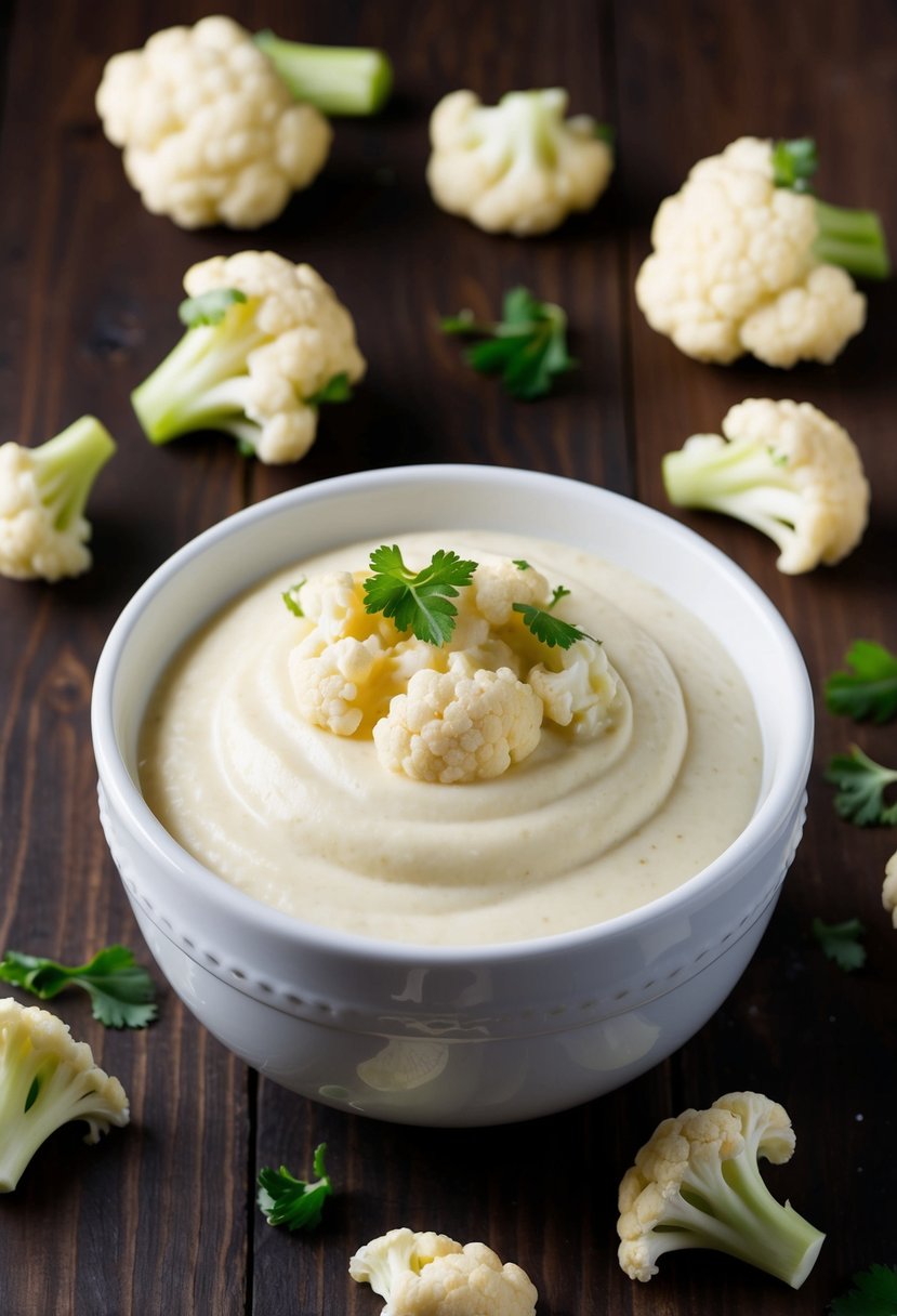 A small bowl of creamy cauliflower cheese purée surrounded by scattered florets