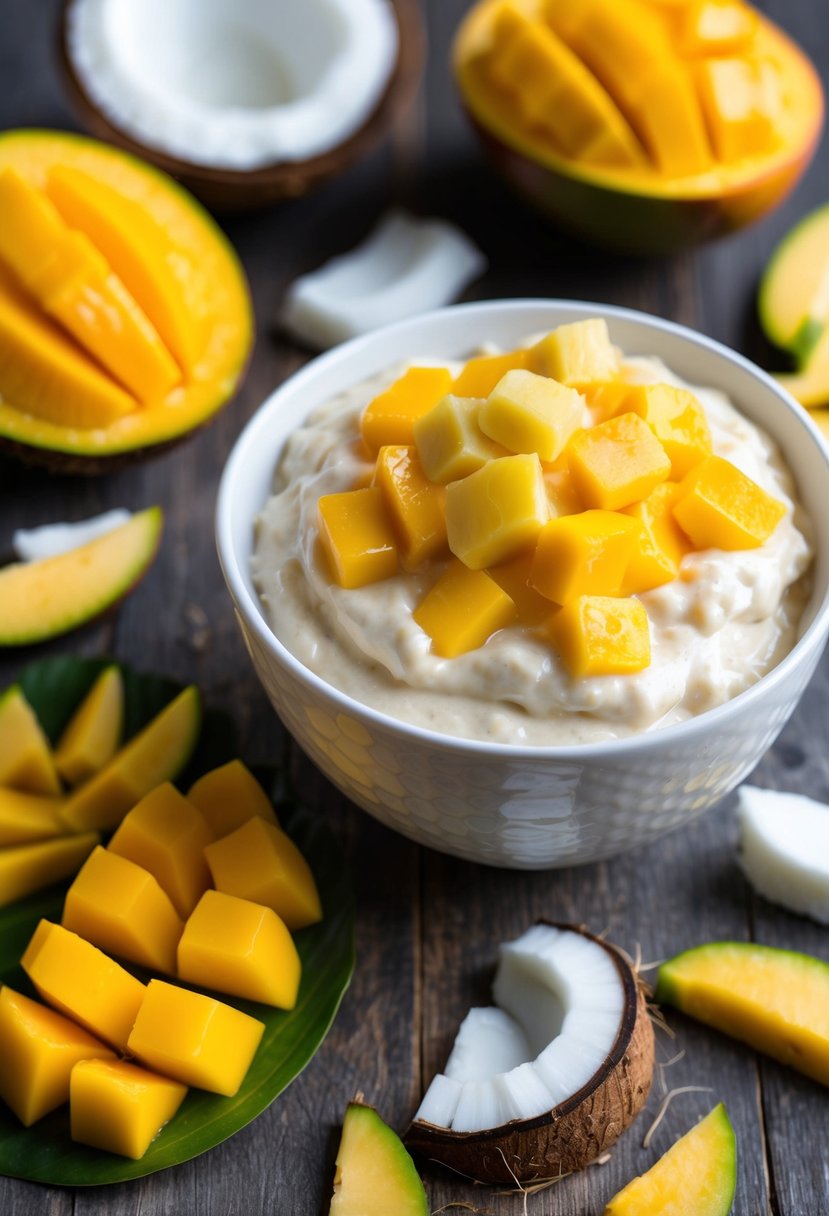 A bowl of mango and coconut cream baby food surrounded by fresh mango slices and coconut pieces