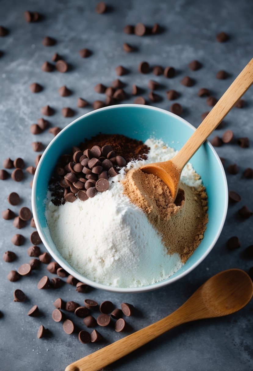 A mixing bowl filled with flour, cocoa, and sugar, surrounded by scattered chocolate chips and a wooden spoon