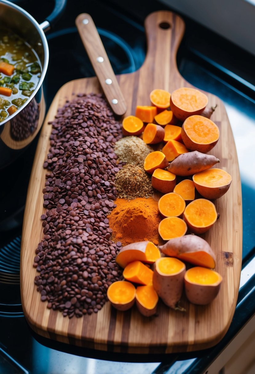 A colorful array of red lentils, sweet potatoes, and various spices arranged on a wooden cutting board. A pot simmers on the stove, filled with the fragrant curry mixture