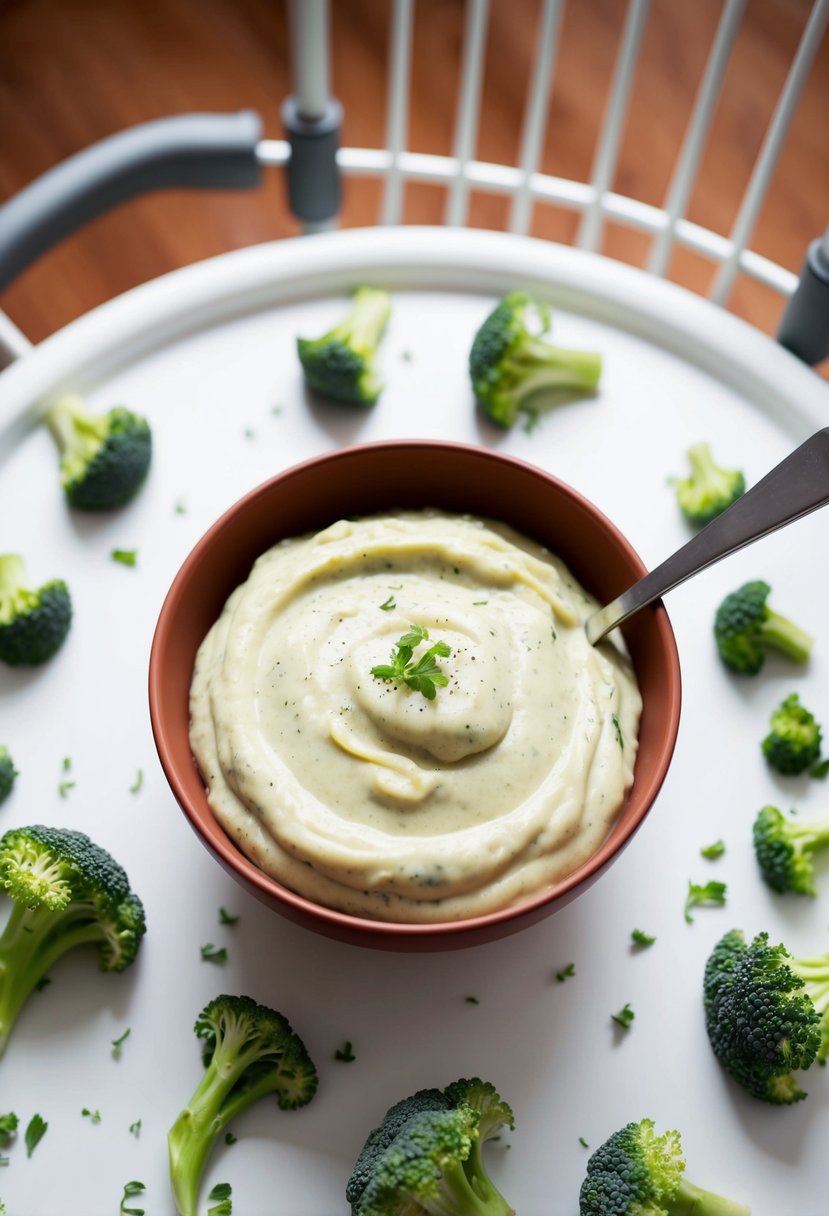 A bowl of creamy broccoli and cheese purée sits on a high chair tray, surrounded by scattered broccoli florets