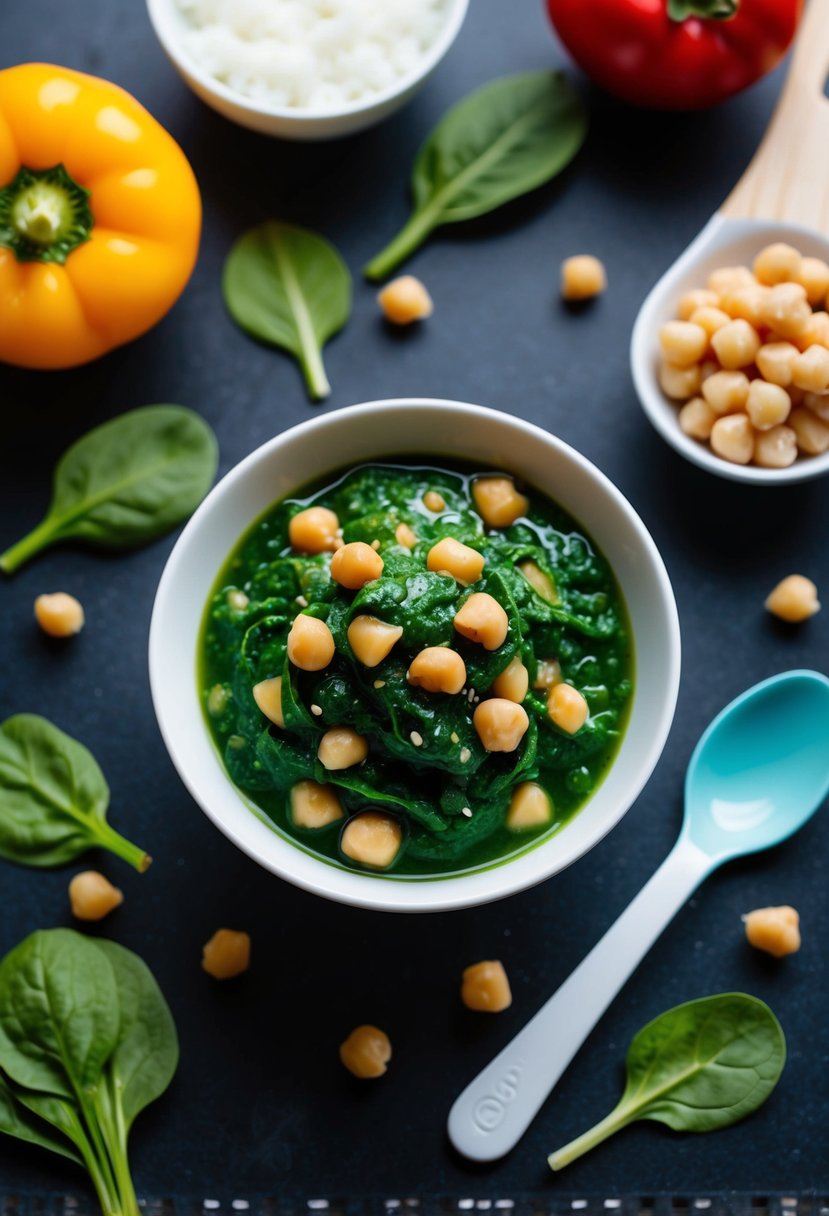 A bowl of chickpea and spinach blend baby food surrounded by fresh ingredients and a baby spoon