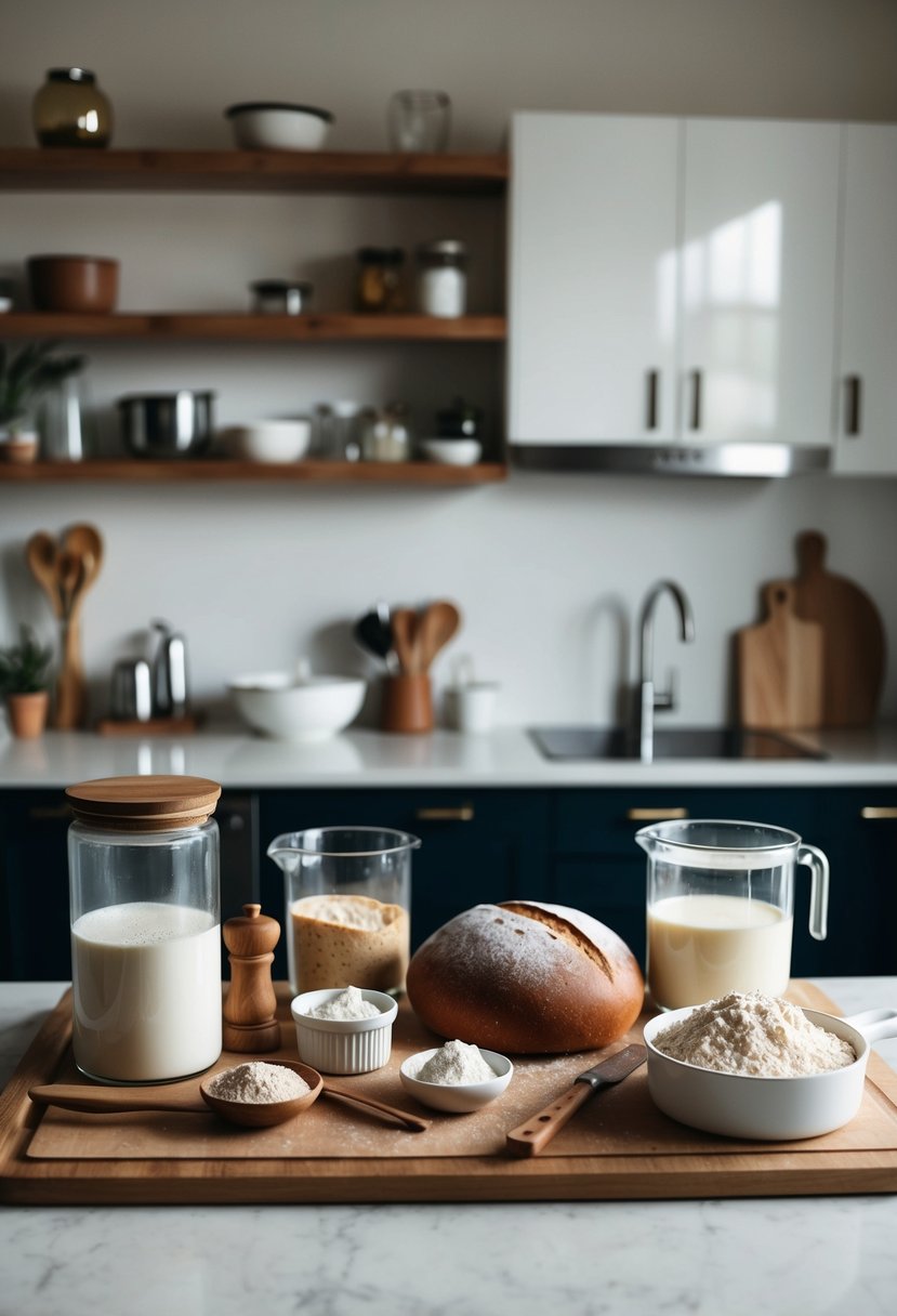 A kitchen counter with various ingredients and utensils for baking bread