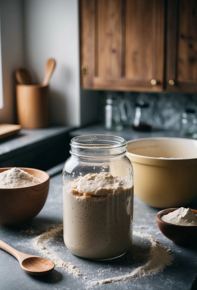 A rustic kitchen counter with a bubbling sourdough starter in a glass jar, surrounded by flour, a mixing bowl, and a wooden spoon