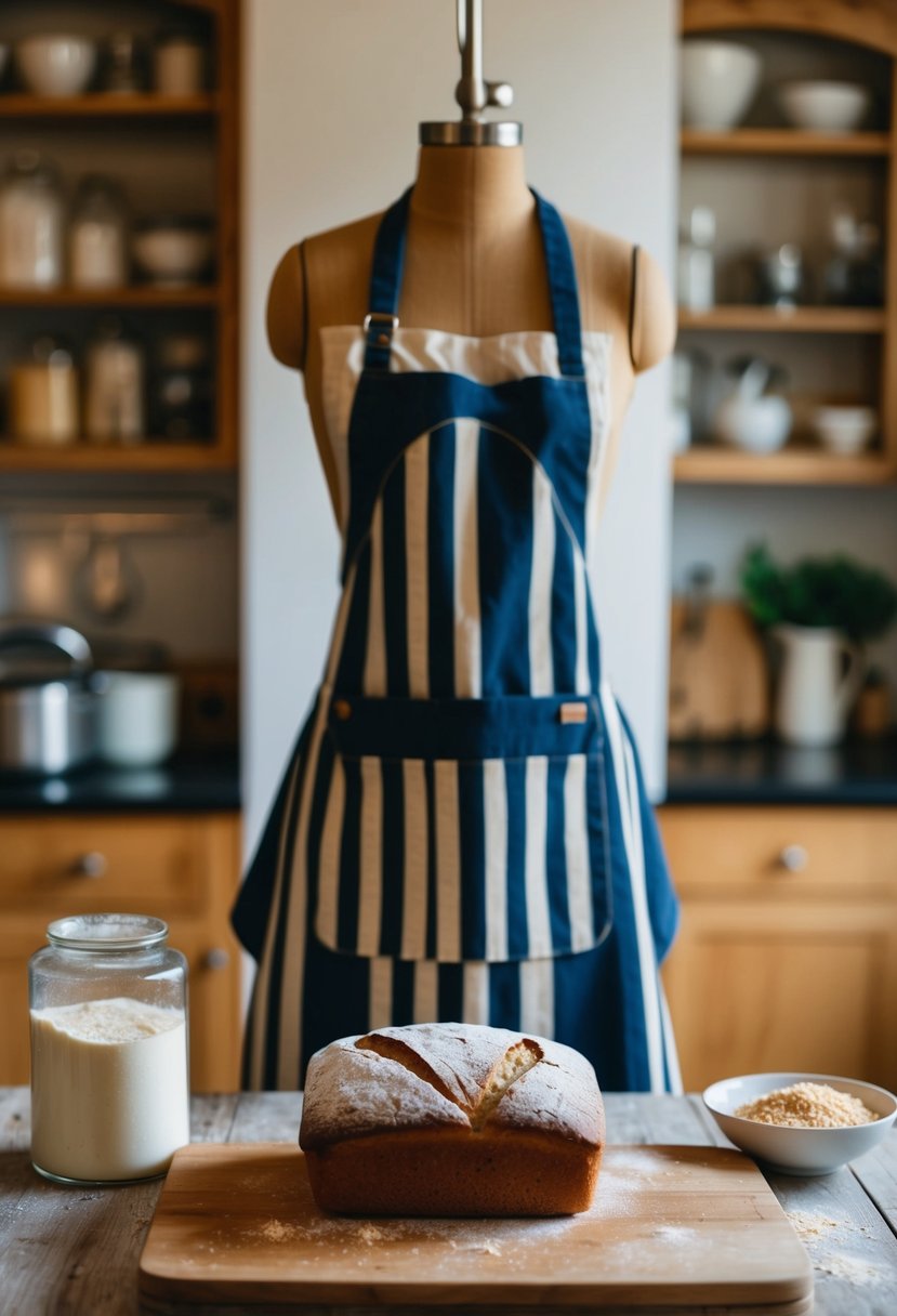 A cozy kitchen with a vintage apron, flour, yeast, and a warm loaf of bread cooling on a wooden cutting board