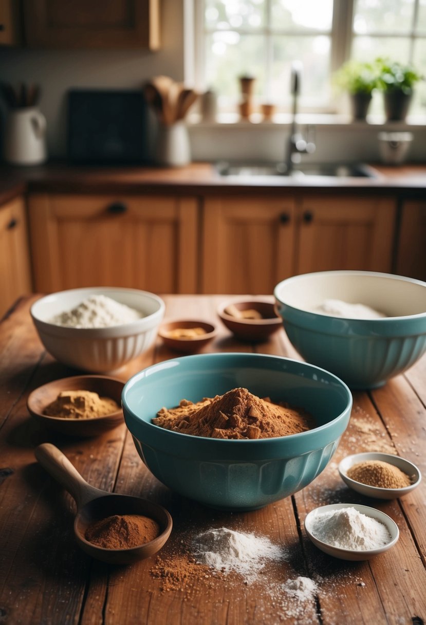 A warm kitchen with a rustic wooden table, a mixing bowl, and ingredients like cinnamon, sugar, and flour scattered around