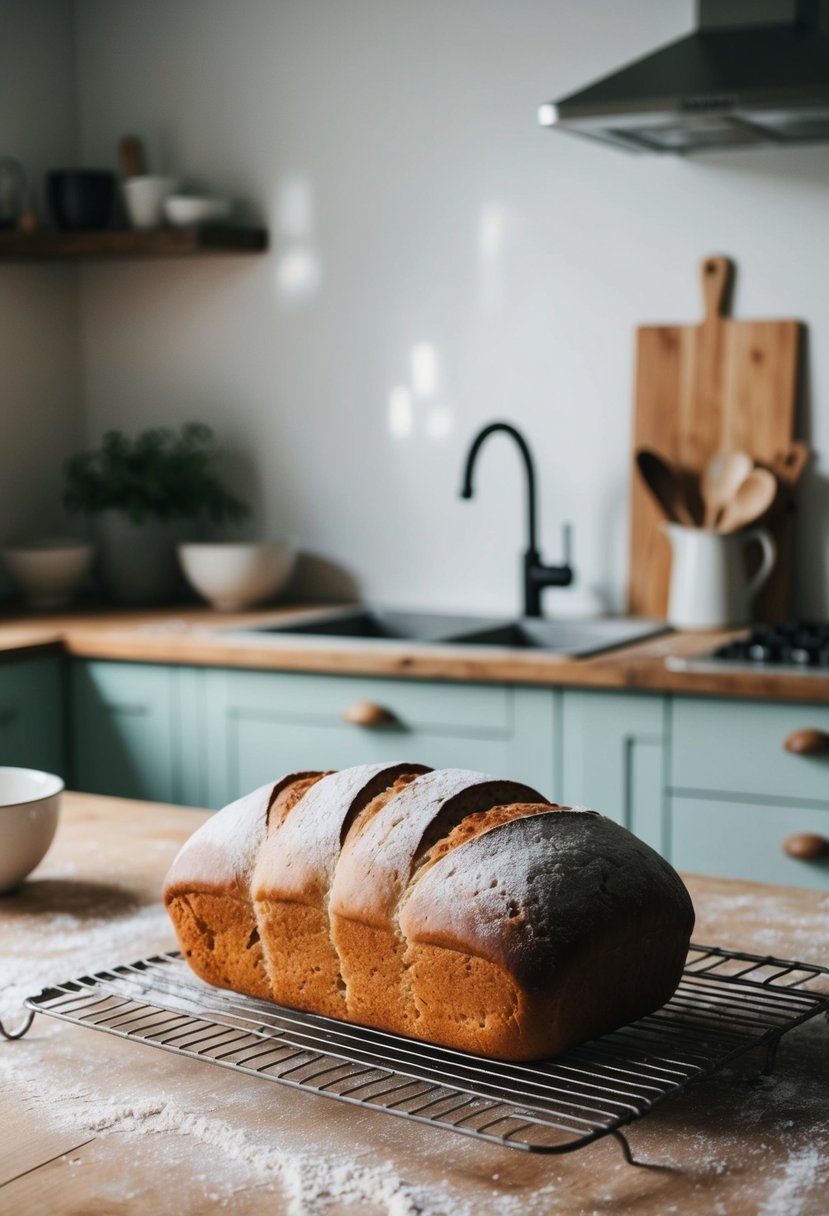 A rustic kitchen with a wooden table, flour-dusted countertops, and a fresh loaf of French bread cooling on a wire rack