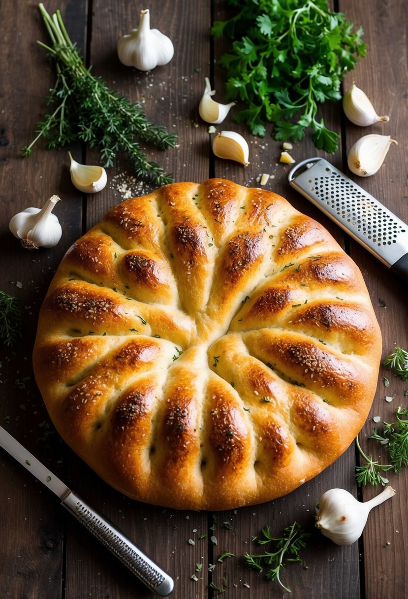 A rustic kitchen table with a freshly baked focaccia bread, surrounded by scattered garlic cloves, herbs, and a zester