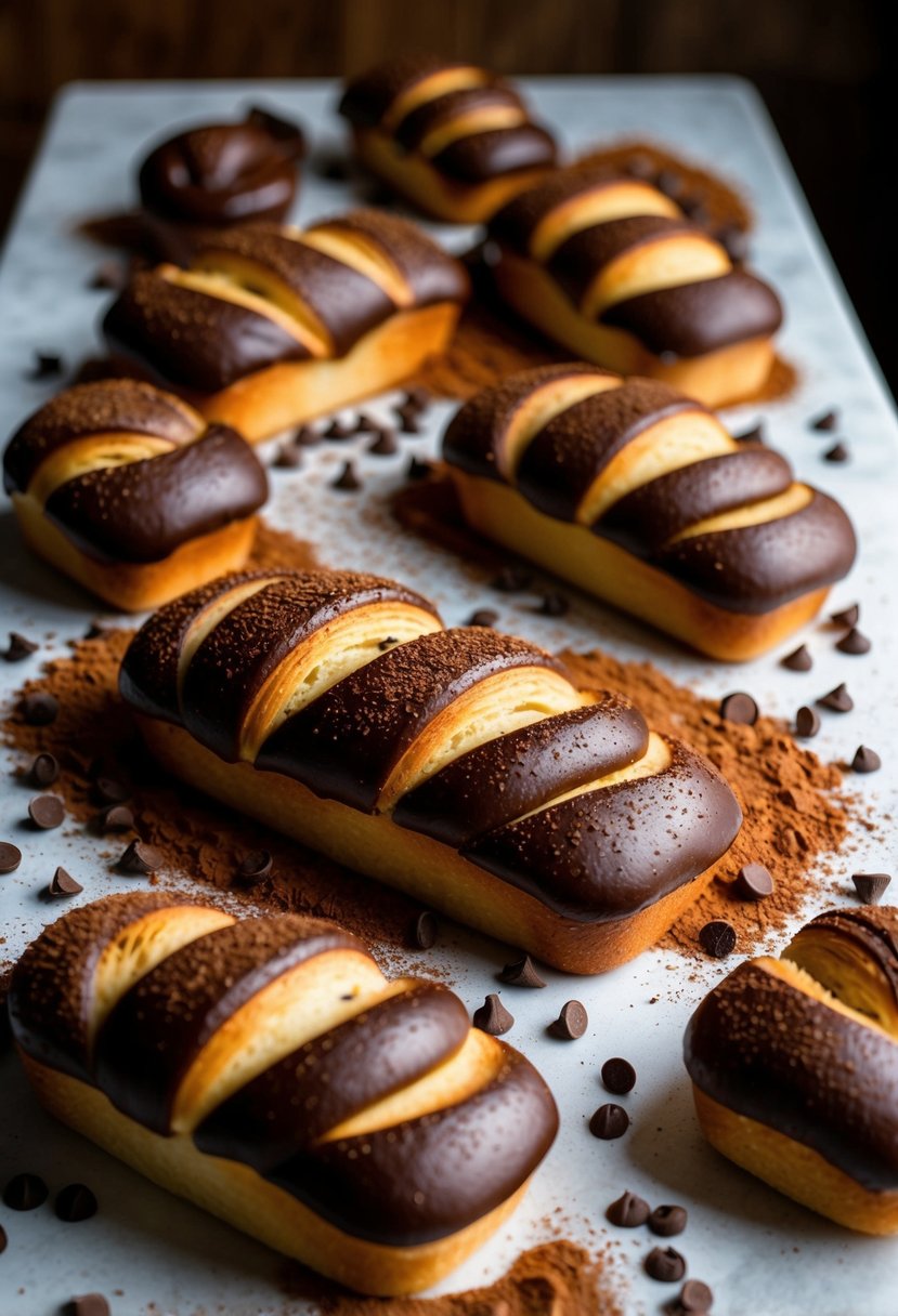 A table covered in a spread of decadent chocolate brioche loaves, surrounded by scattered cocoa powder and chocolate chips