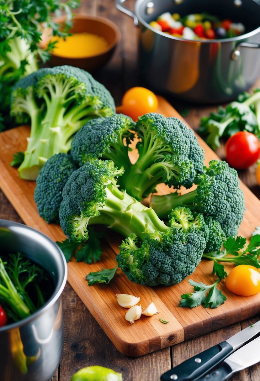 Fresh broccoli surrounded by vibrant ingredients on a wooden cutting board. A pot and various cooking utensils nearby