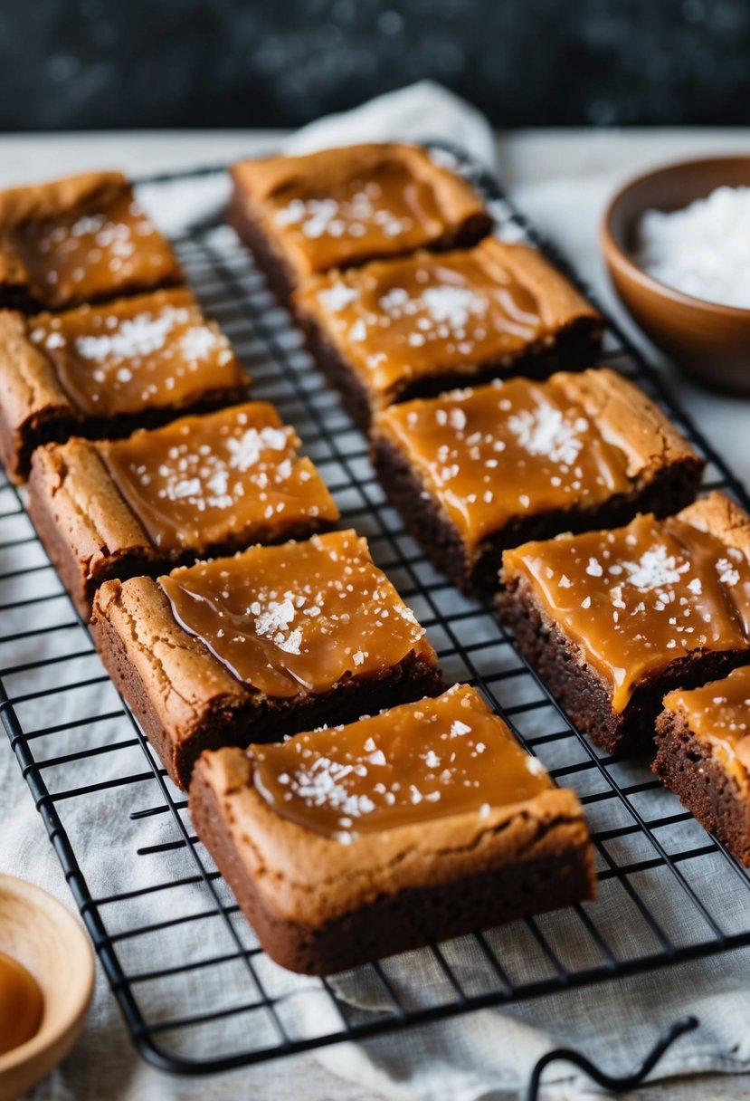 A pan of freshly baked salted caramel brownies cooling on a wire rack