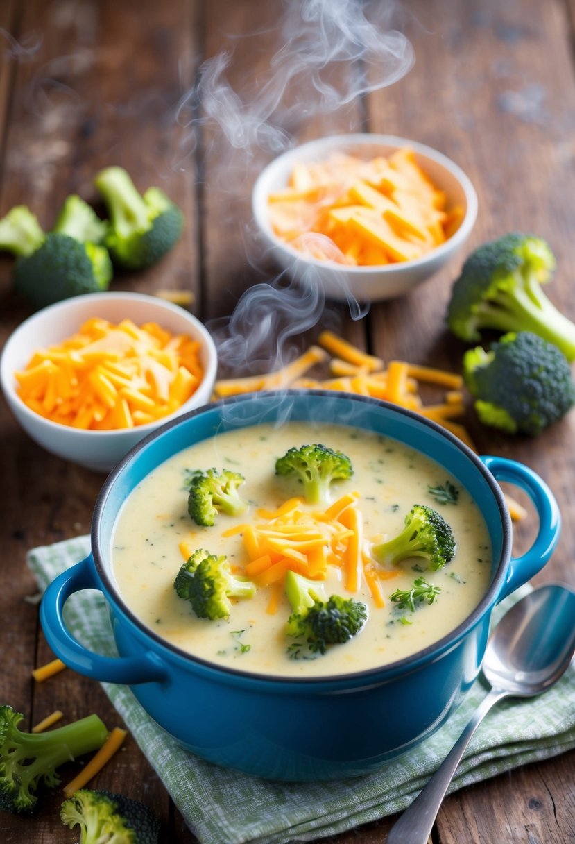 A steaming pot of broccoli cheddar soup sits on a rustic wooden table, surrounded by fresh broccoli florets and a sprinkling of shredded cheddar cheese