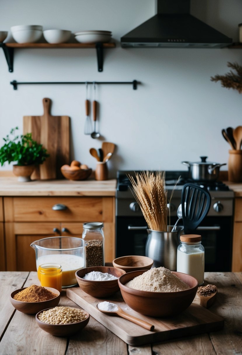 A rustic kitchen with ingredients and utensils for making whole wheat bread