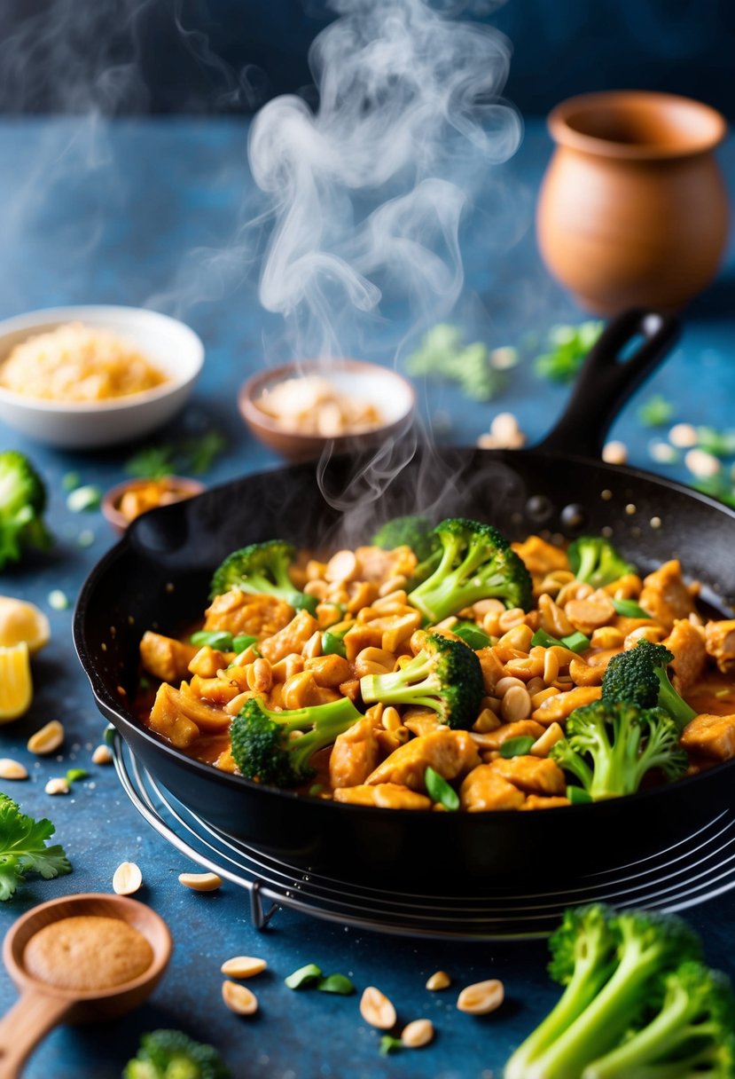 A skillet sizzling with spicy peanut chicken and broccoli, steam rising, surrounded by vibrant ingredients