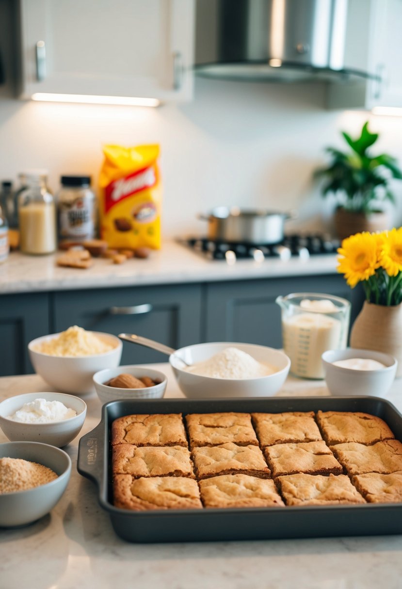 A kitchen counter with assorted baking ingredients and a pan of freshly baked chewy blondies