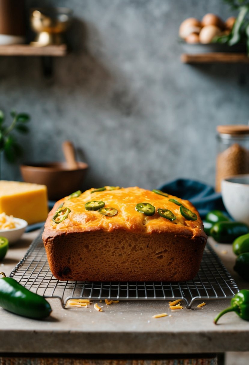 A rustic kitchen counter with freshly baked jalapeño cheddar bread cooling on a wire rack. Ingredients like cheese and jalapeños scattered around