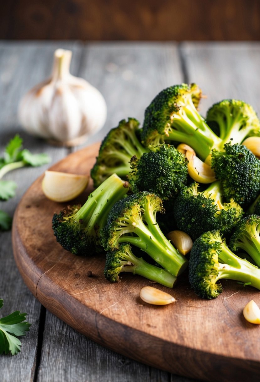 A pile of roasted broccoli with garlic on a rustic wooden cutting board