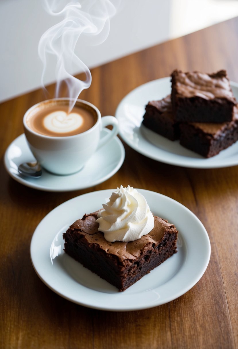 A steaming cup of mocha coffee sits next to a plate of rich, fudgy brownies topped with a dollop of whipped cream