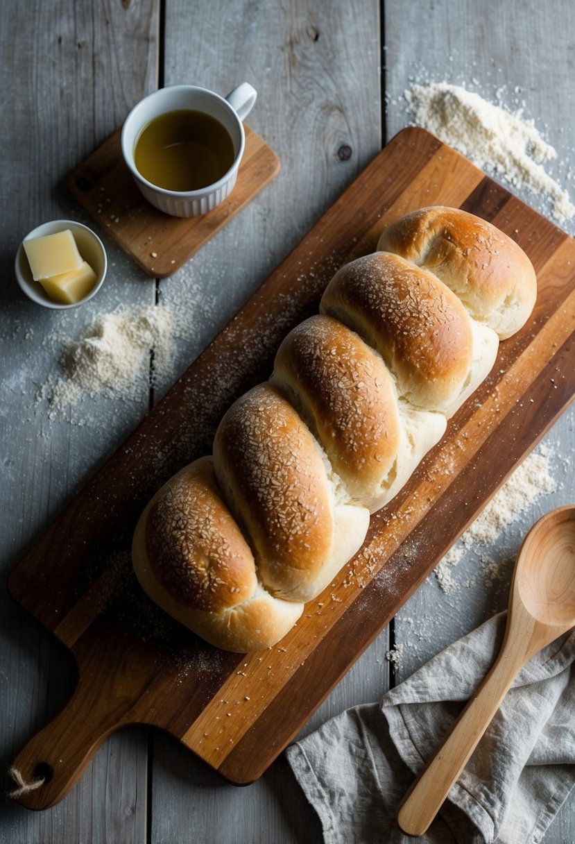 A wooden cutting board with a freshly baked ciabatta loaf, surrounded by scattered flour and a rustic kitchen towel