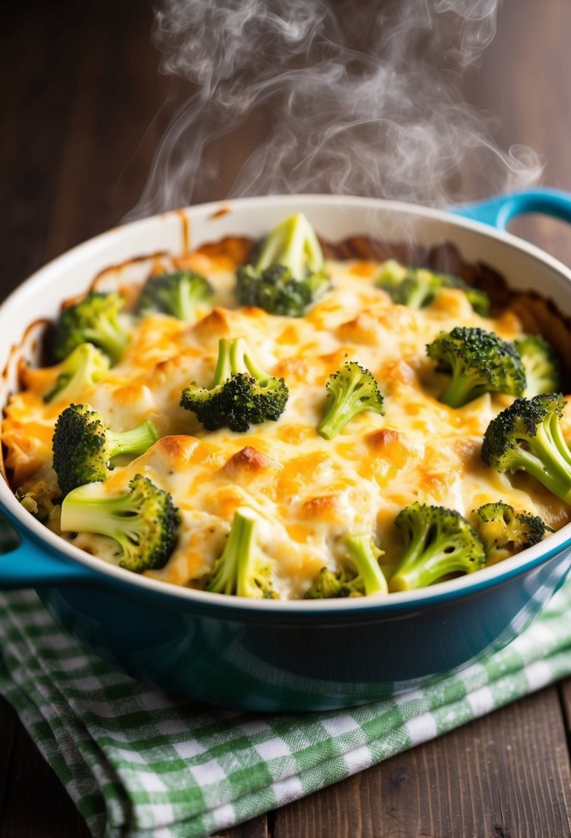 A steaming casserole dish filled with creamy broccoli and cheese, bubbling and golden brown from the oven