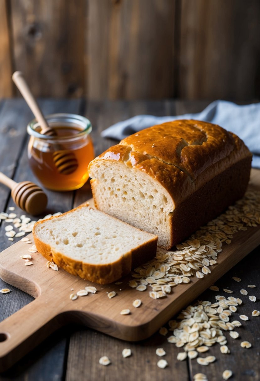 A loaf of honey oat sandwich bread sits on a wooden cutting board, surrounded by scattered oats and a jar of honey