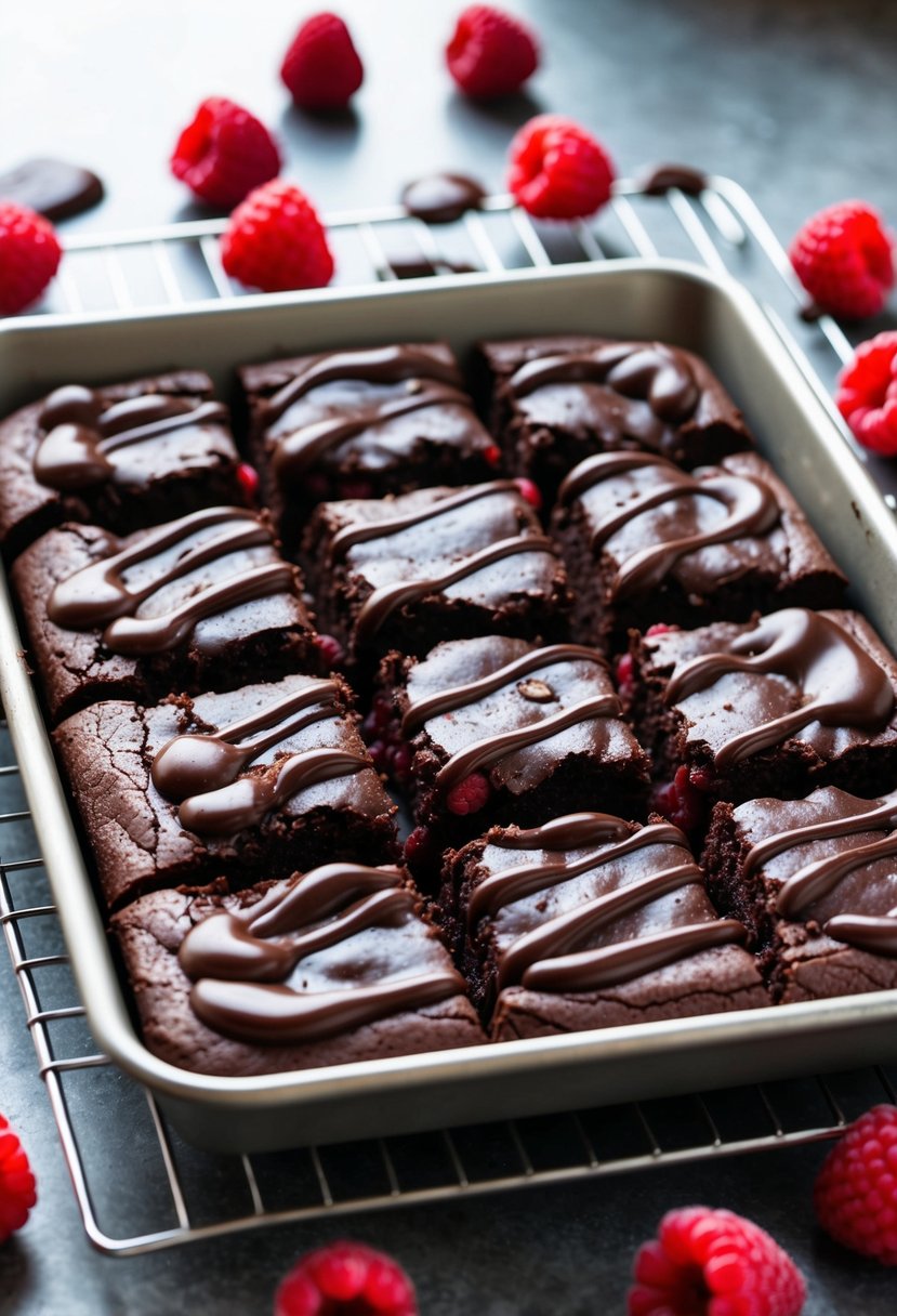 A pan of dark chocolate raspberry brownies cooling on a wire rack, with fresh raspberries scattered around and a drizzle of chocolate ganache