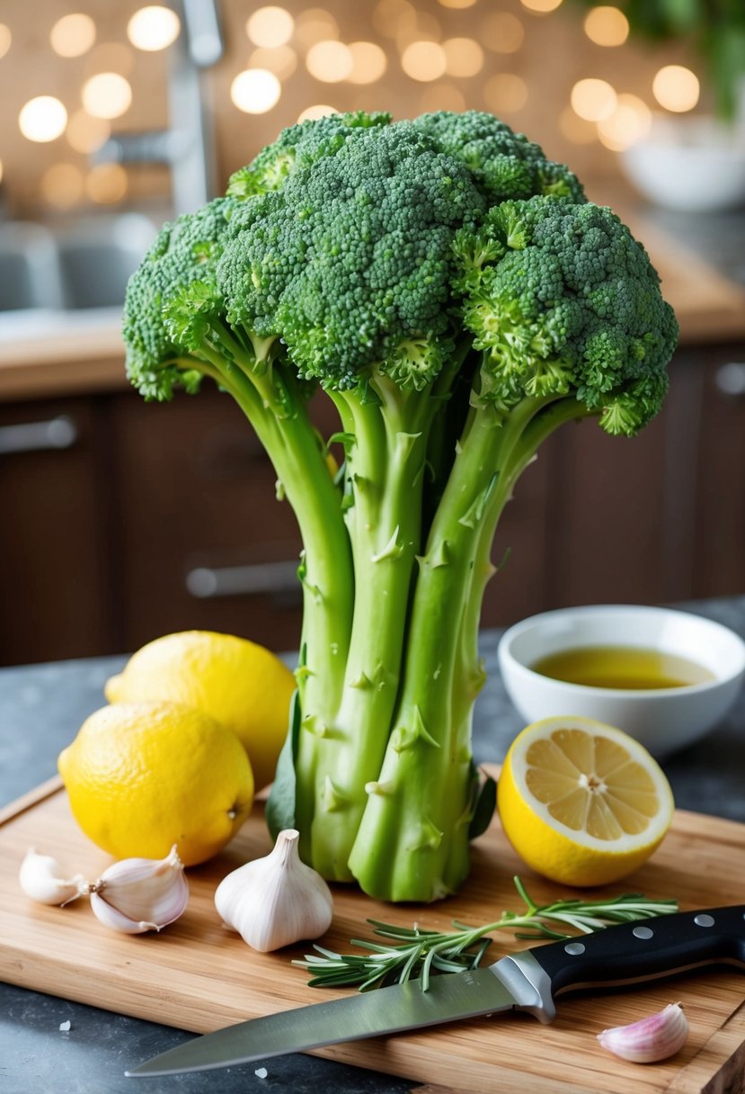 A bundle of fresh broccoli sits on a cutting board, surrounded by lemons and garlic cloves. A knife and a bowl of olive oil are nearby