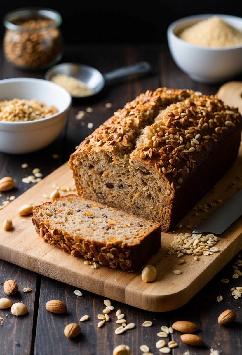 A loaf of nutty multigrain bread surrounded by scattered ingredients and a wooden cutting board