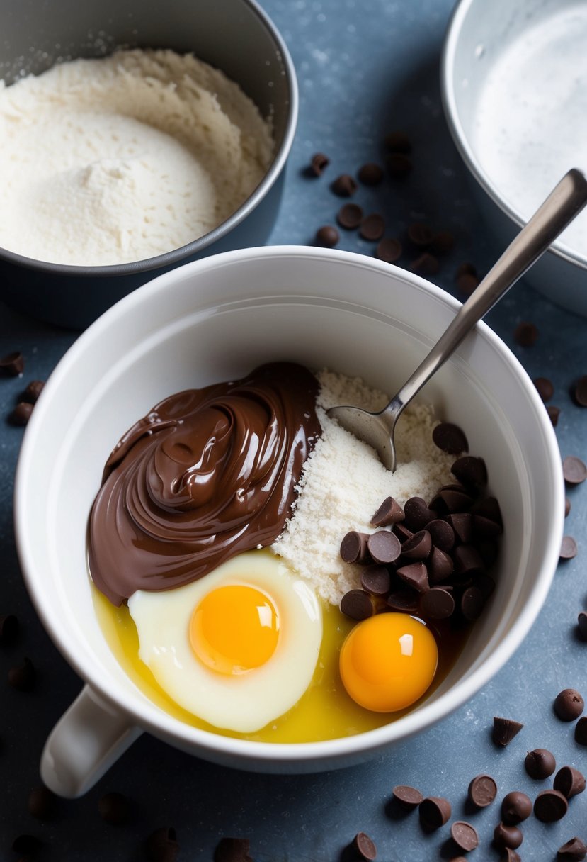 A mixing bowl filled with Nutella, eggs, and flour, surrounded by scattered chocolate chips and a greased baking pan