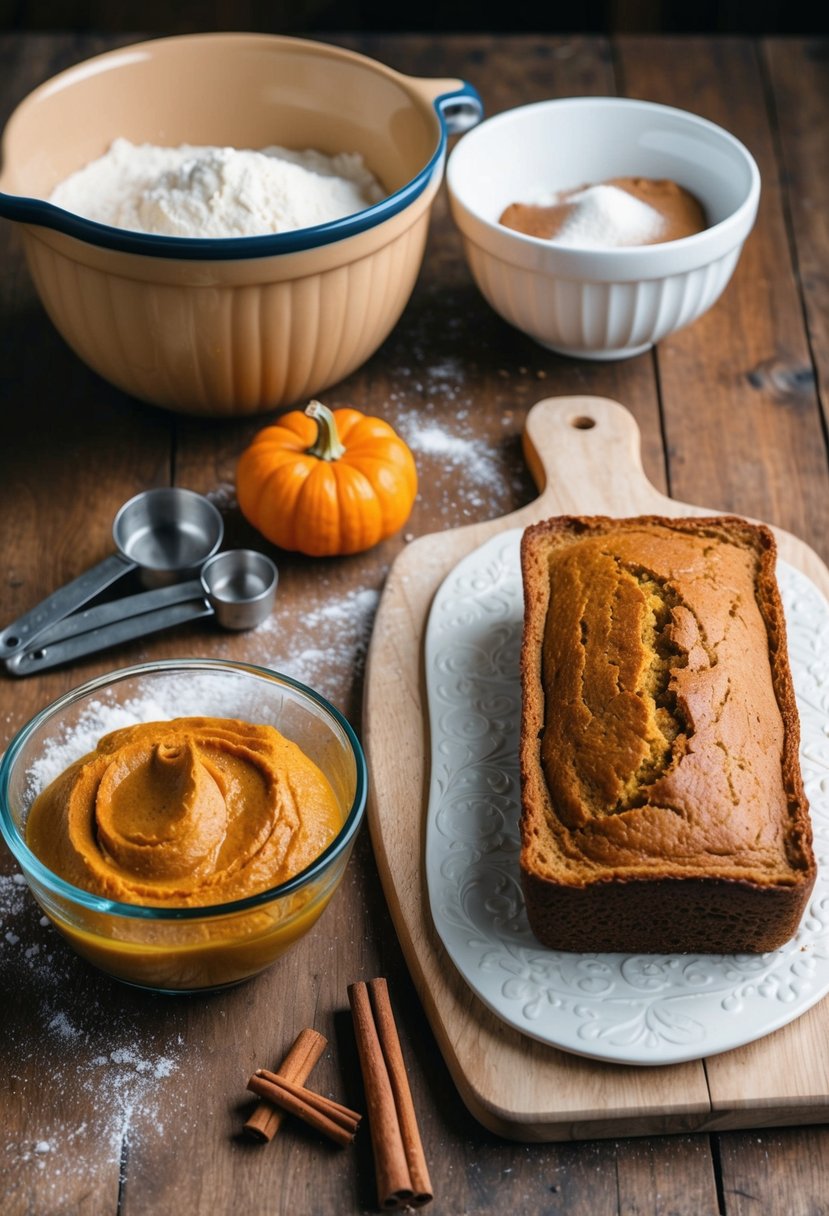 A rustic kitchen with a wooden table covered in flour, cinnamon, and pumpkin puree. A mixing bowl and measuring cups sit next to a freshly baked loaf of pumpkin spice bread