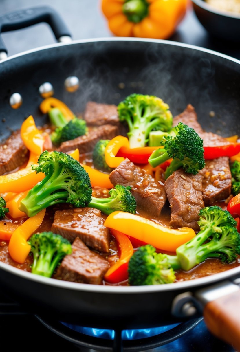 A sizzling stir-fry pan with tender beef, vibrant broccoli florets, and colorful bell peppers cooking in a savory sauce