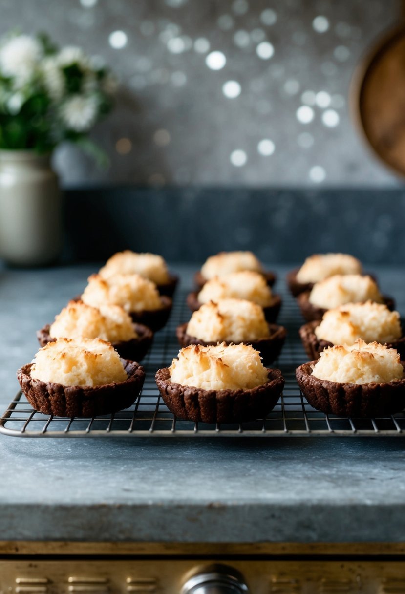 A rustic kitchen counter with a tray of freshly baked coconut macaroon brownies cooling on a wire rack