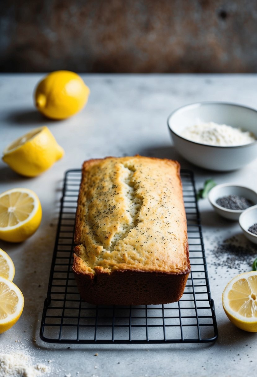 A rustic kitchen counter with a freshly baked loaf of lemon poppy seed quick bread cooling on a wire rack. Ingredients like lemons, poppy seeds, and flour scattered around