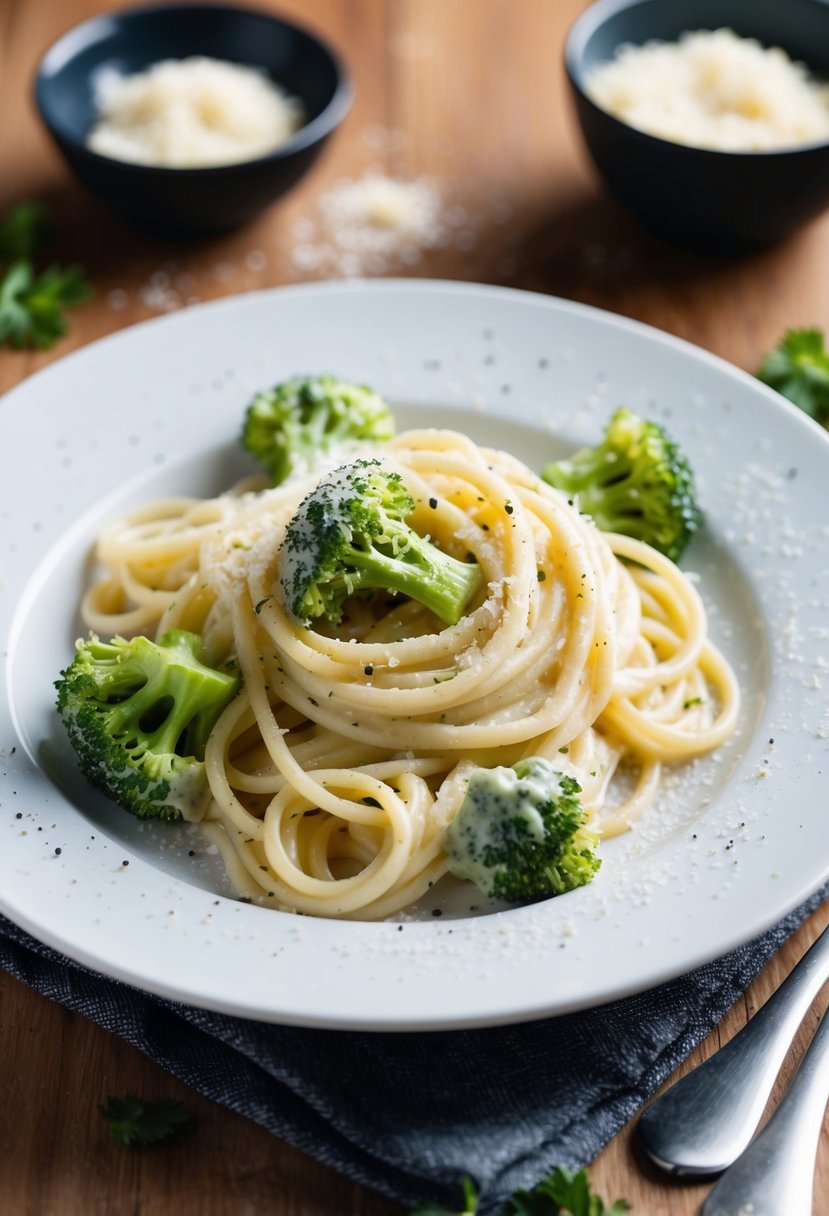 A steaming plate of creamy broccoli alfredo pasta, garnished with freshly grated parmesan and sprinkled with cracked black pepper