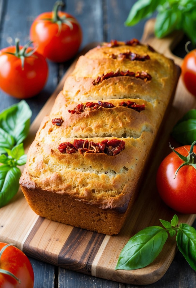 A rustic loaf of sun-dried tomato bread sits on a wooden cutting board, surrounded by fresh tomatoes and basil leaves