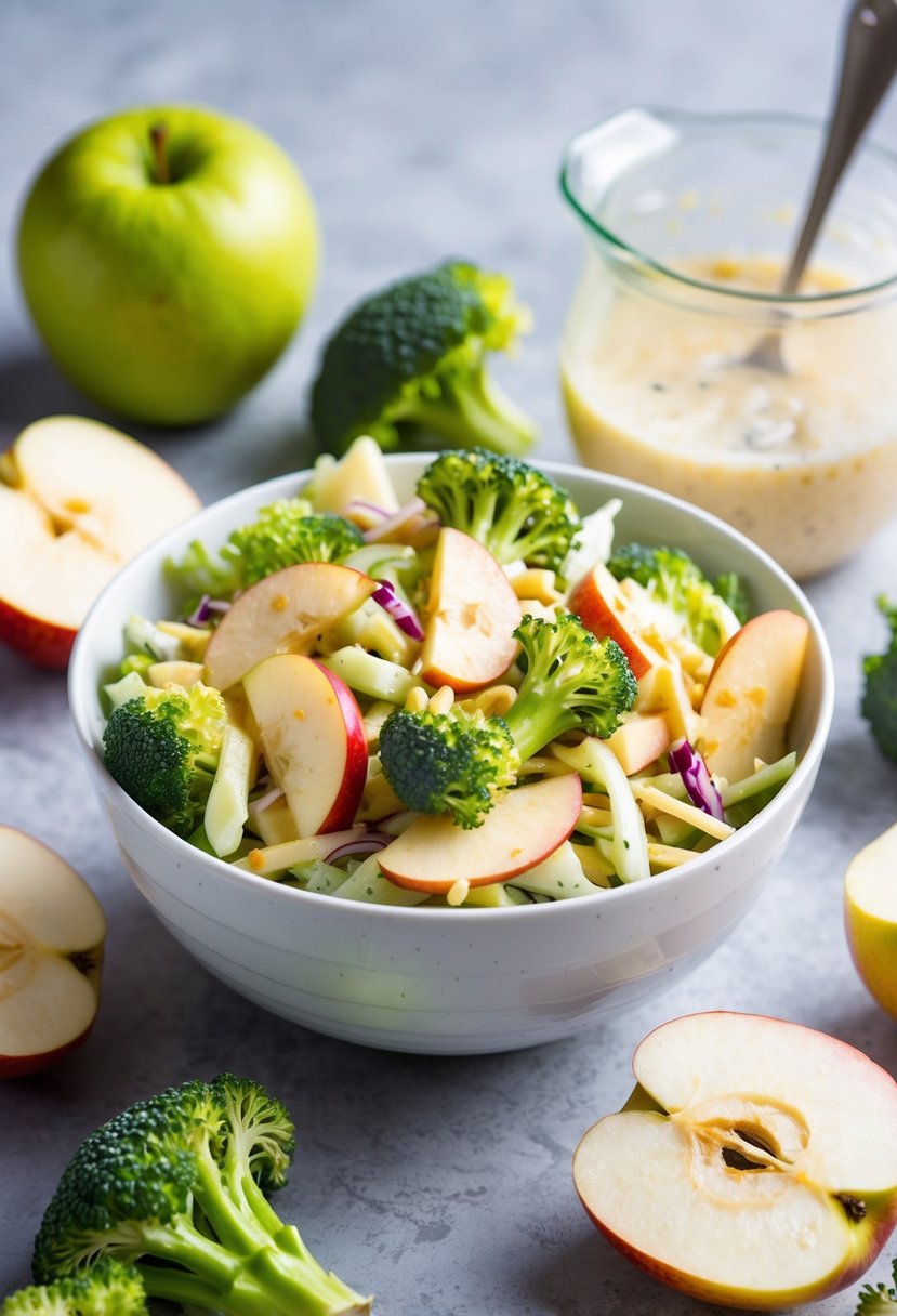 A colorful bowl of broccoli slaw with apples and a light vinaigrette dressing, surrounded by fresh broccoli florets and sliced apples