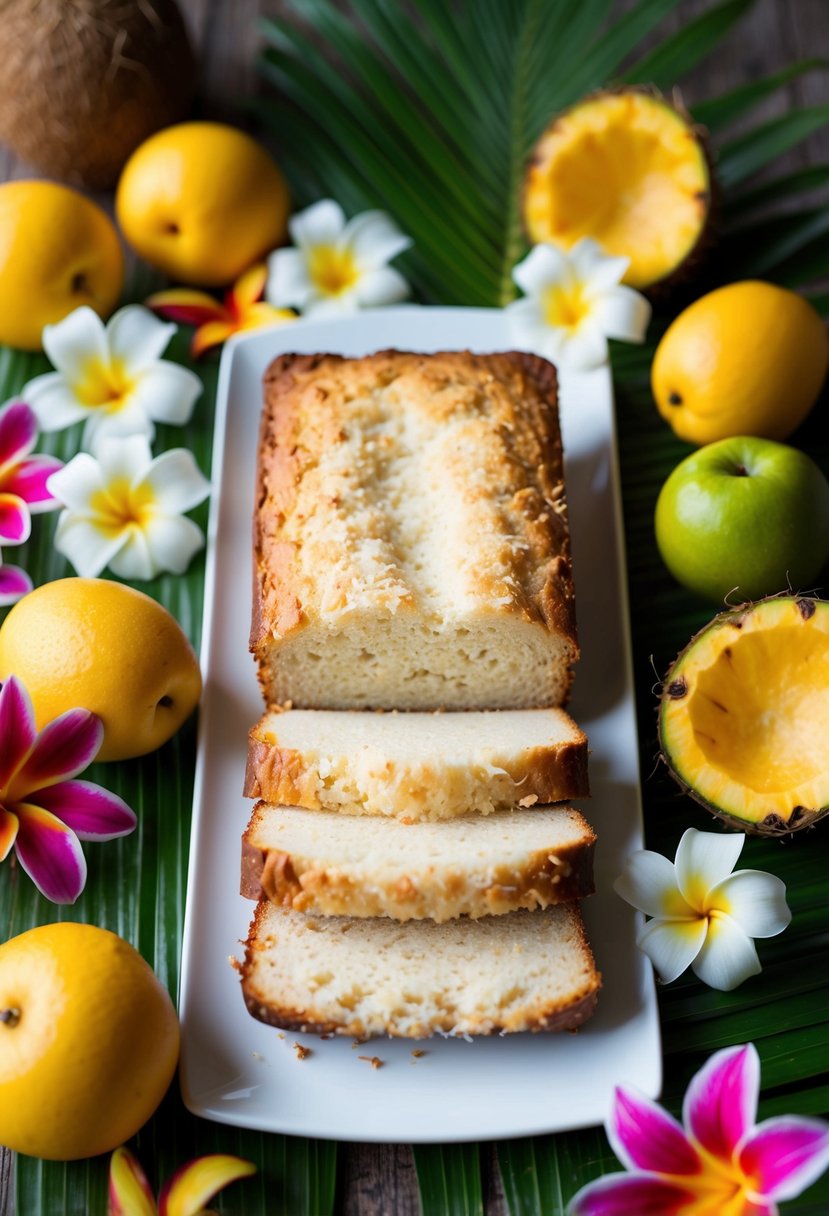 A loaf of sweet coconut Hawaiian bread surrounded by tropical fruits and flowers