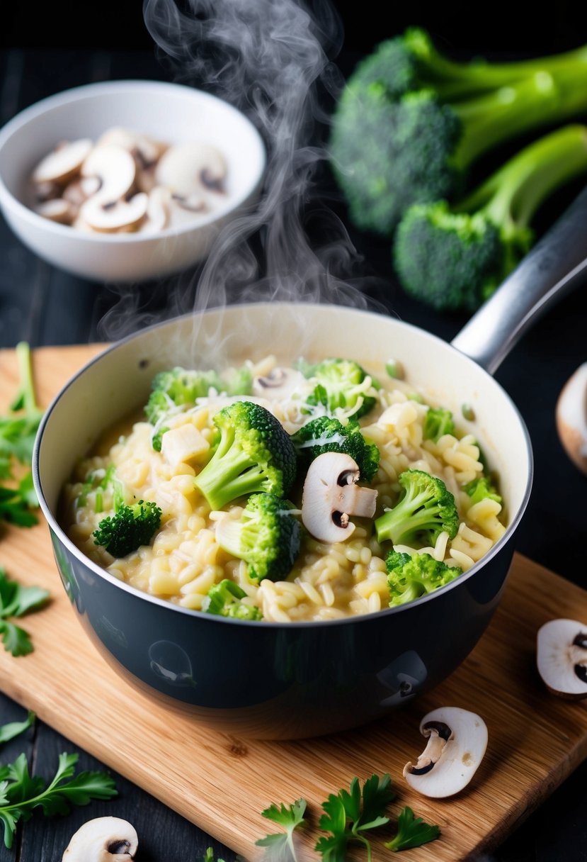 A steaming pot of creamy risotto with chunks of broccoli and sliced mushrooms, surrounded by fresh ingredients on a wooden cutting board