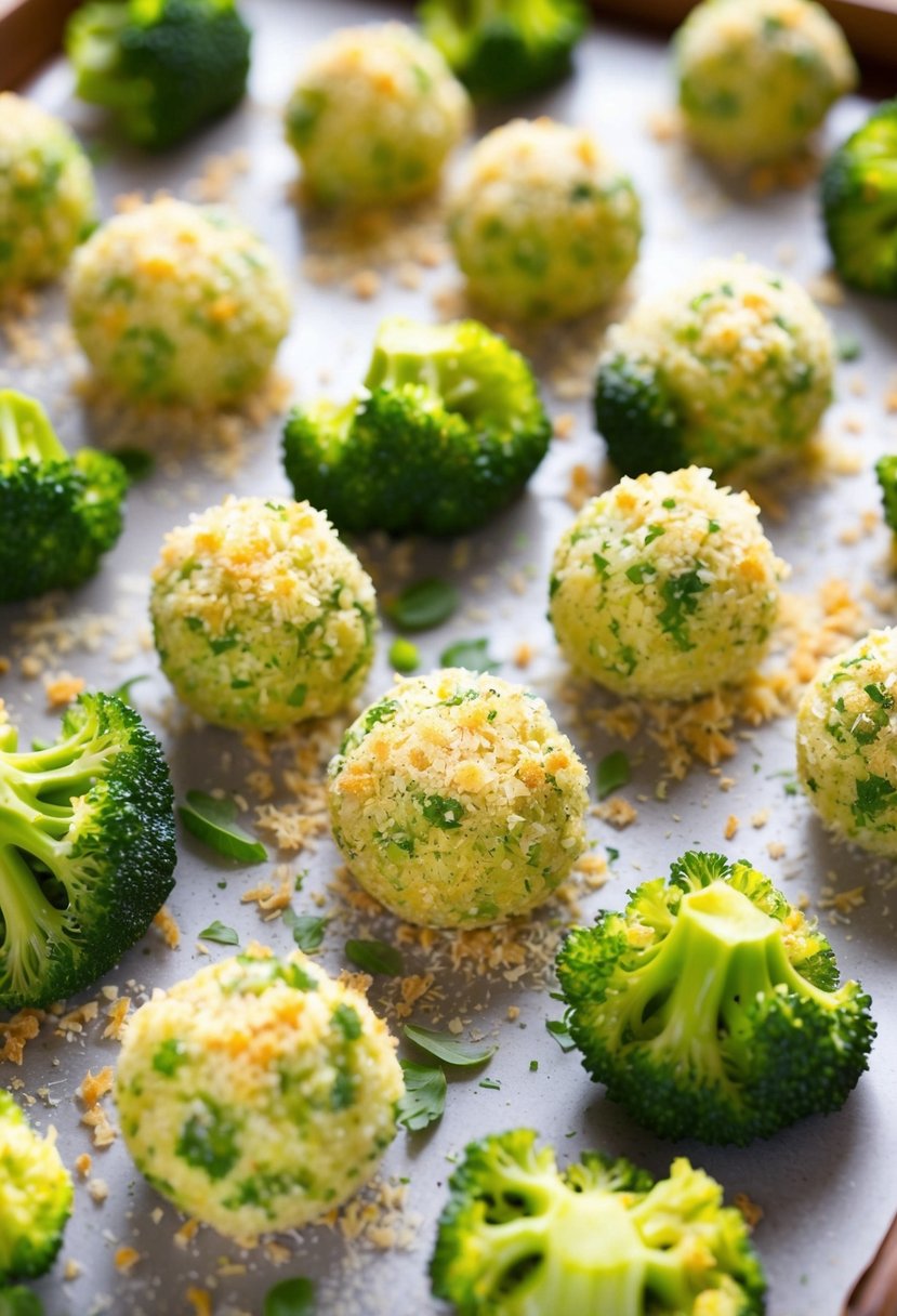 Fresh broccoli florets mixed with Parmesan cheese, breadcrumbs, and herbs, formed into bite-sized balls on a baking sheet